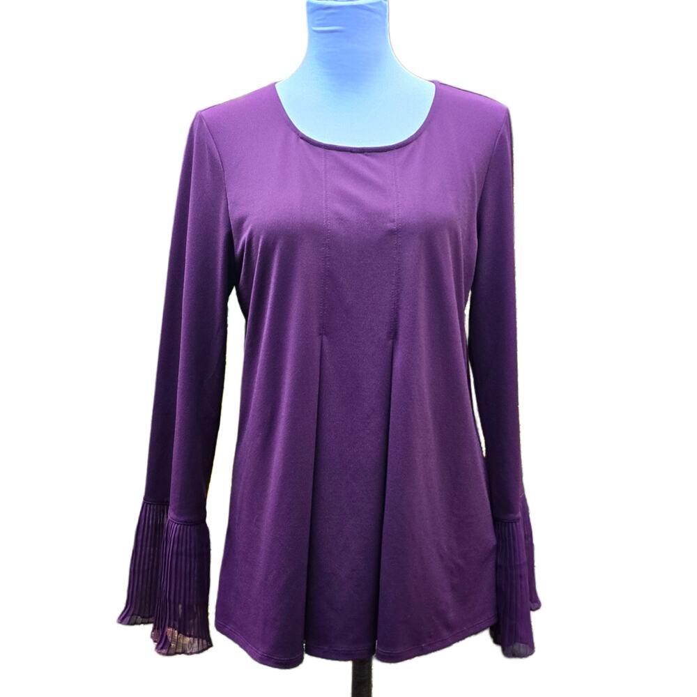Size M Adrianna Papell Medium Plum Purple Pleated Bell Sleeve Knit Tunic Top